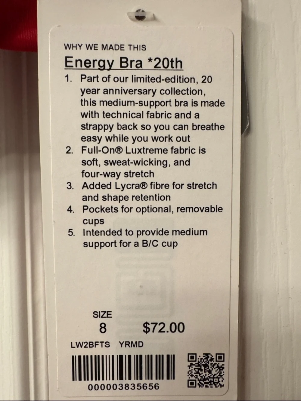 Women’s Lululemon Ltd Edition Energy Bra 20YR Anniversary Manifesto Red Sz 8